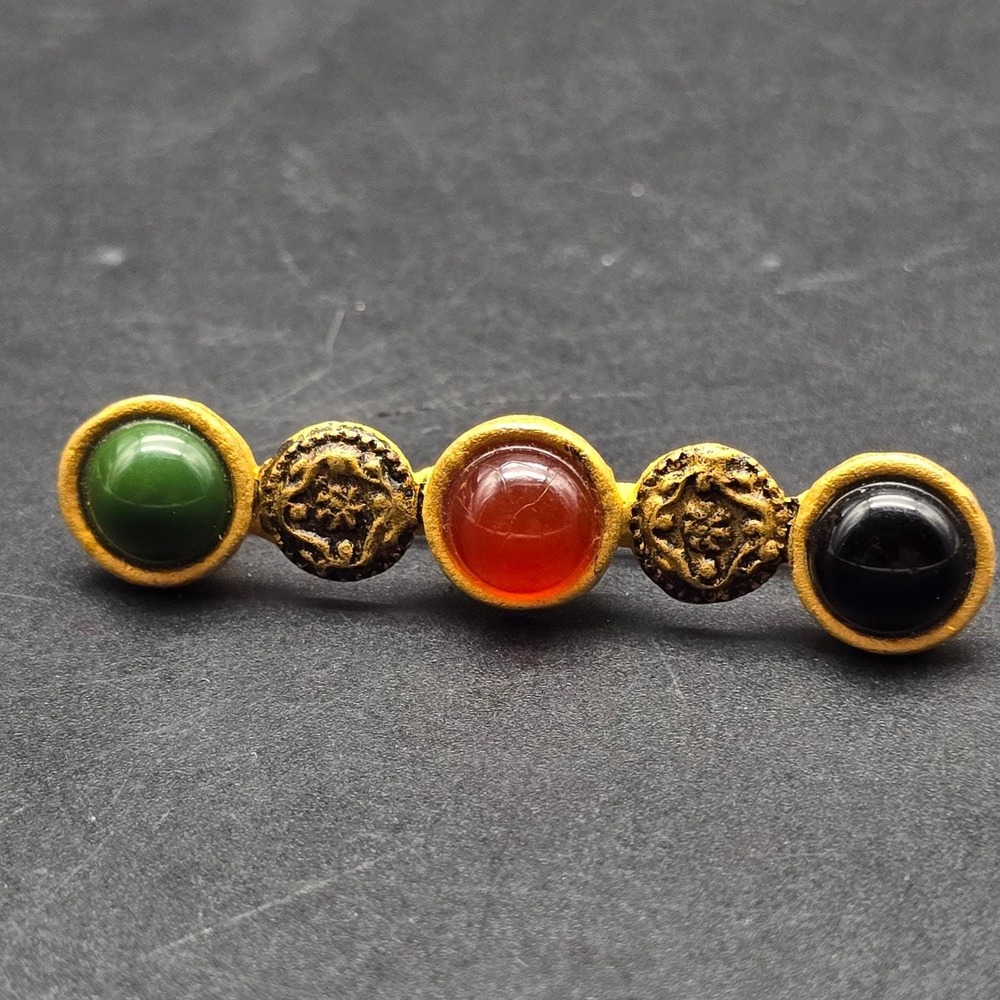 Ginnie Johansen Designs GJD Bar Brooch Gold Tone Green Orange Black - Picture 4 of 7